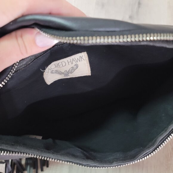 Sacred Hawk Fringe Waist Bag Black Faux Leather cross body boho Rocker bag - Picture 5 of 8